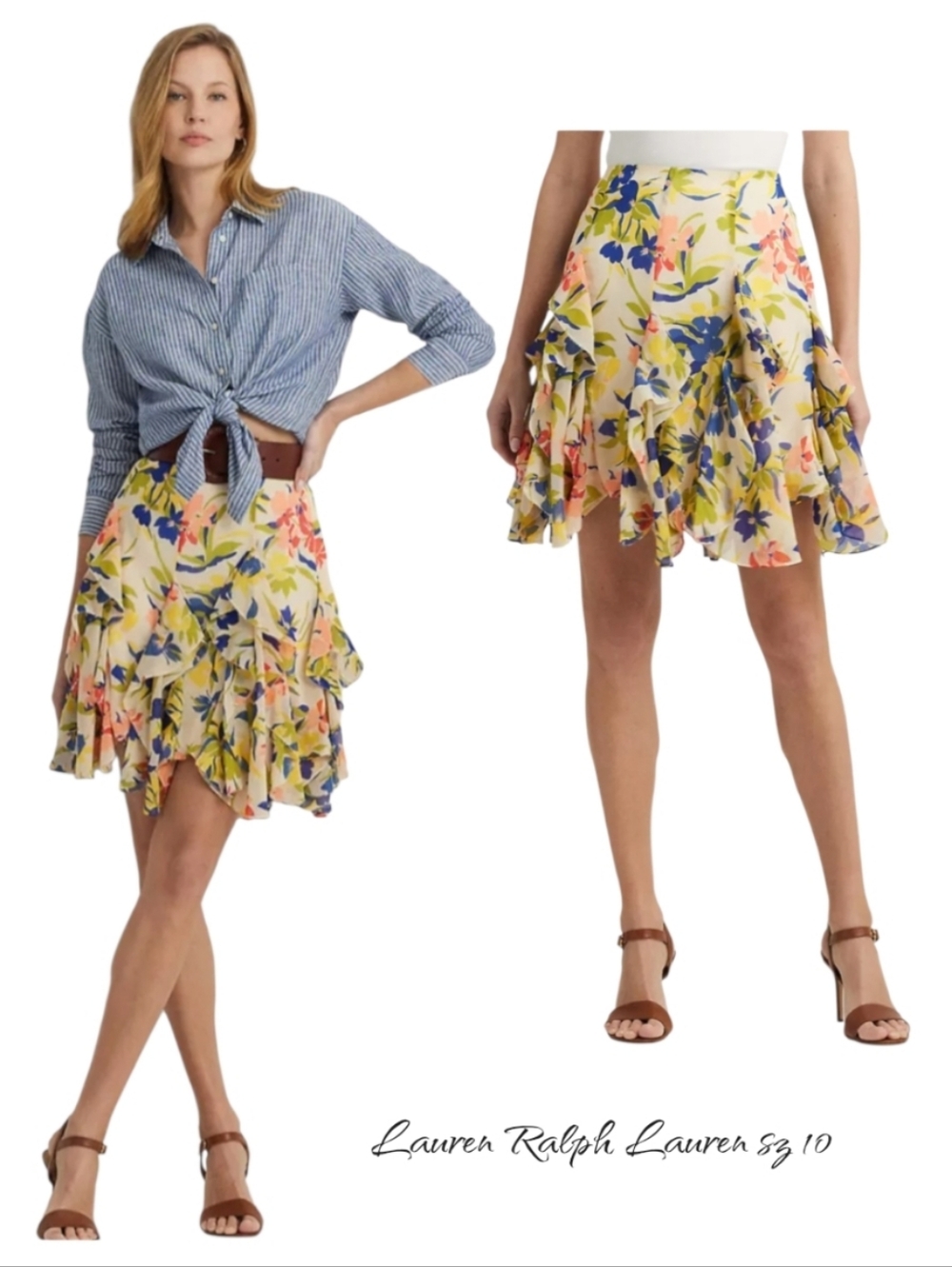 NWT Lauren Ralph Lauren Floral Ruffle Georgette Mini Skirt Multi Sz 10
